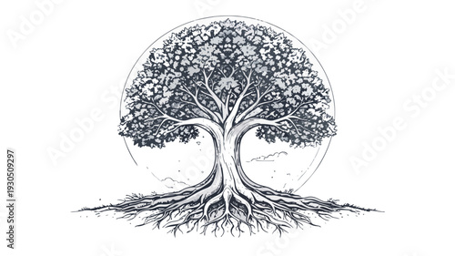 Tree of life growing with strong roots, nature illustration
