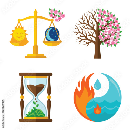 Spring Equinox Balance Sun Moon and Nature Icon Set