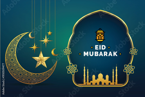 Eid Mubarak decorative background with 3D golden moon and creative star pattern.