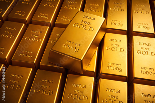 Gold Bars Display: An eye-level shot of stacked, lustrous gold bars. Capturing the gleaming allure and inherent value, this image symbolizes wealth, security, and prosperity.