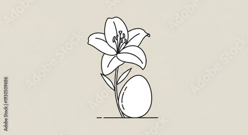 Minimalist line drawing of a lily flower with an egg on a beige background