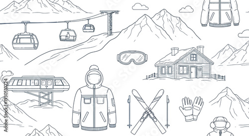 Collection of Ski Resort Elements and Winter Sport Equipment, Including Mountains, Cable Cars, and Chalet, Line Art Icons