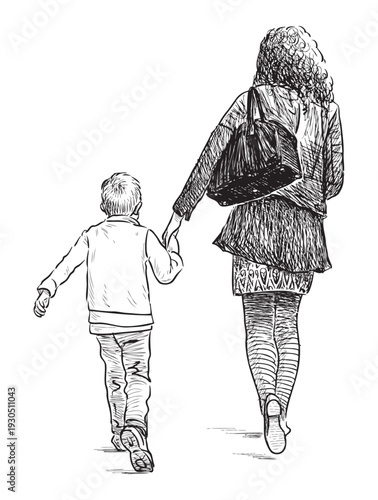 Young mother with little son walking along street, casual city pedestrians, realistic sketch, vector hand drawn illustration isolated on white background