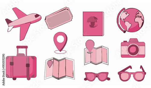 Cute pink travel icons vector set for summer vacation and tourism