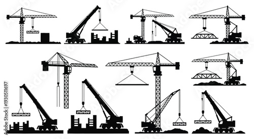 Tower and mobile crane silhouette illustration