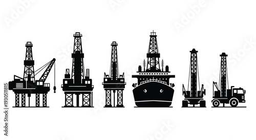 Oil rig and offshore platform silhouette illustration