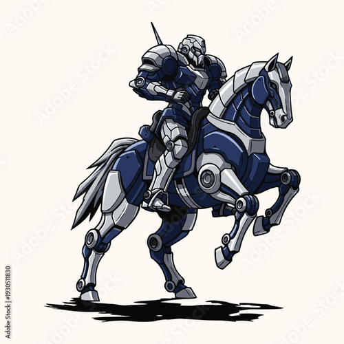 Futuristic Knight Riding a Mechanical Horse, A Sci-Fi Illustration of a Cybernetic Warrior on an Advanced Steed