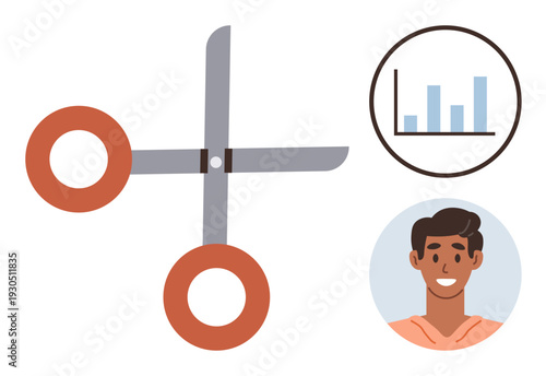 Business strategy, choice making, team collaboration, data analysis, human resources, creativity. Scissors, chart and man. Business strategy and decision-making concept