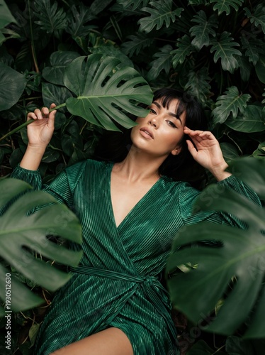 Woman in green dress relaxing among tropical leaves in nature  