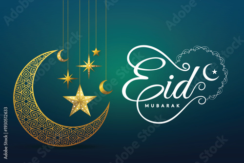 Islamic Eid Mubarak banner with Arabic calligraphy and luxury golden moon ornament.