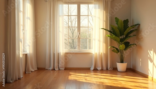 Empty room with large window and light curtains. Sunlight streams across wooden floor, casting shadows. A green plant in a white pot sits in the corner. Clean, peaceful interior.