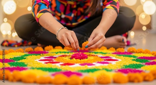 Woman Creating Floral Rangoli Happy Festival Tradition