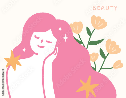 Skin care concept handdrawn illustration with beautiful woman and flowers.