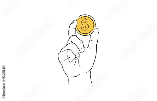 Hand holding a golden dollar coin, hand-drawn sketch illustration on white background.