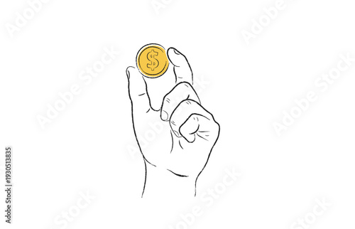 Hand holding a golden dollar coin, hand-drawn sketch illustration on white background.