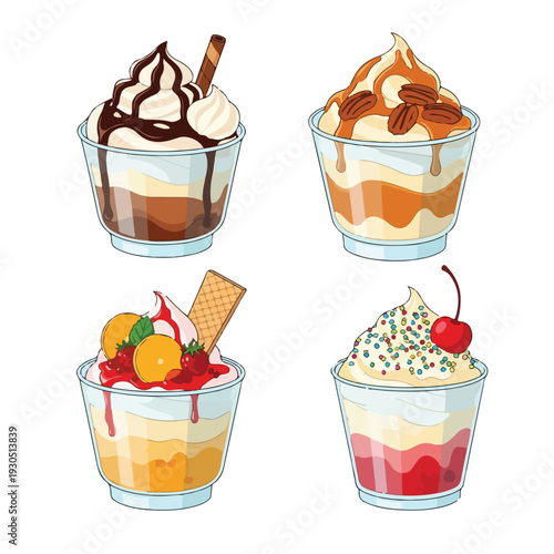Colorful Ice Cream Sundaes with Various Toppings