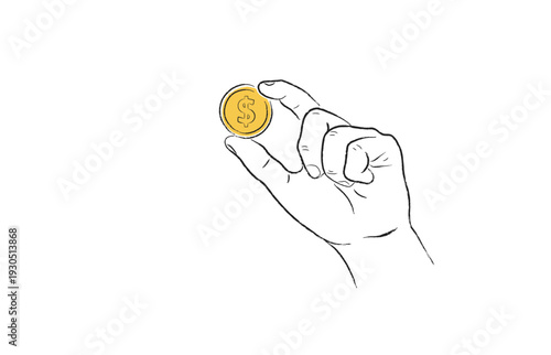 Hand holding a golden dollar coin, hand-drawn sketch illustration on white background.