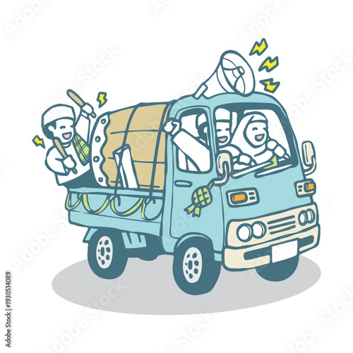 Joyful Islamic festival celebration featuring a truck parade, traditional drum, and cheerful people. Perfect for Ramadan Kareem or Eid Mubarak promotional banners, cards, and posters.