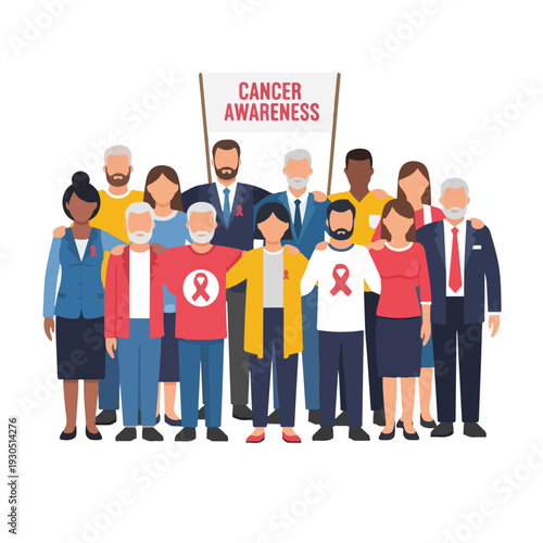 Diverse group of people supporting cancer awareness with a sign and ribbons