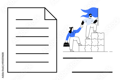 Teamwork, leadership, business planning, collaboration, goal setting, project management. Two individuals climbing puzzle blocks with a flag, beside a business document. Teamwork and leadership ion