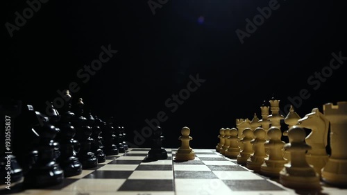 Chess pieces are facing each other on a black background. A close-up of a hand moving a white pawn 4 к