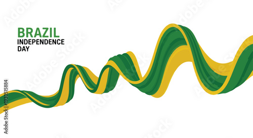 Brazil Independence Day Wavy Green and Yellow Ribbon Vector Illustration