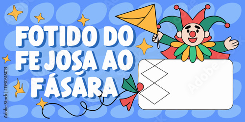 Cartoon jester and festive text with stars on a blue background