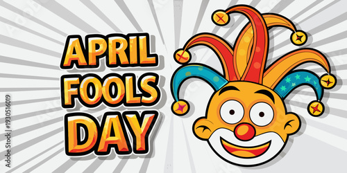 A colorful april fools day illustration with a smiling clown character