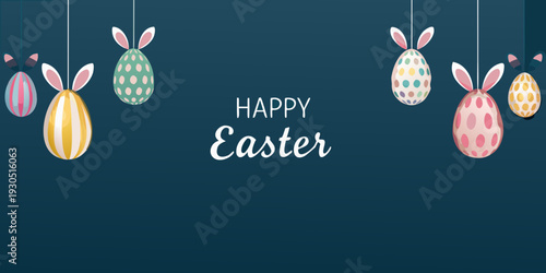 Festive easter greeting with decorated eggs and adorable bunny illustrations