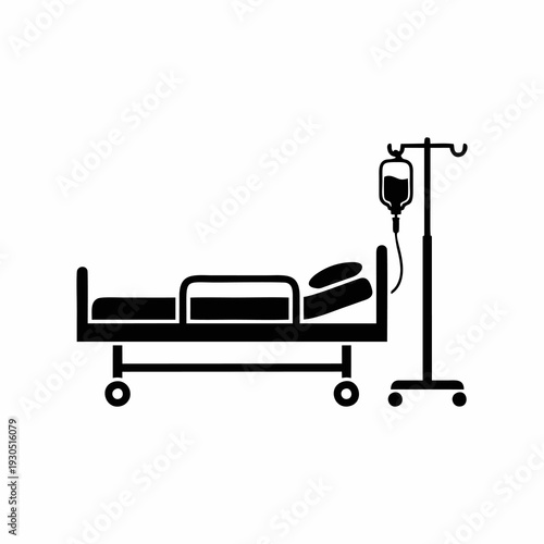 Medical hospital bed icon with intravenous saline drip infusion pole