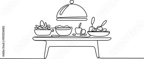 Continuous line drawing of food on a table