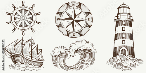 Vintage nautical elements including a ship waves compass and lighthouse