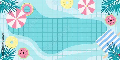 A colorful summer scene featuring a swimming pool and tropical objects