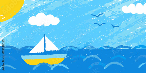 A child s drawing of a sailboat on a bright and breezy day