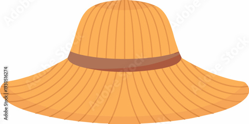A brightly colored straw like sun hat with a dark brown band