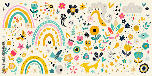 Colorful floral and rainbow pattern with whimsical animal and plant elements