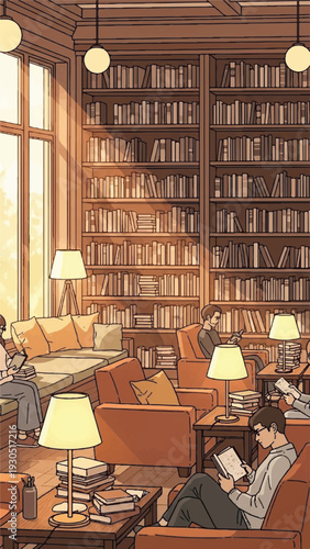 Cozy Library Café Interior with Warm Lighting and Readers Enjoying Books.