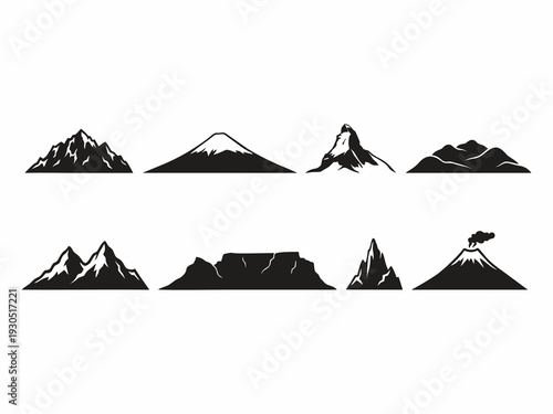 Set of various mountain peaks and volcanic silhouettes vector collection