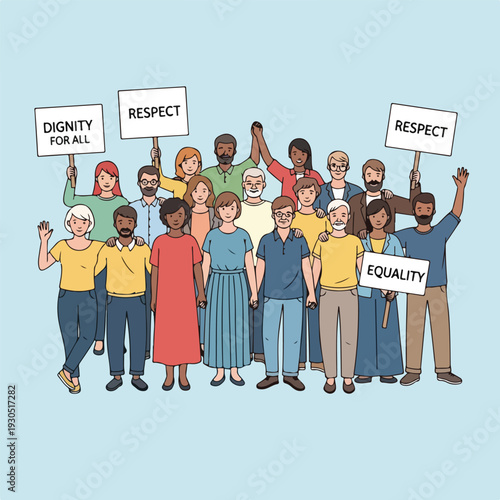 Diverse group of people holding signs promoting equality and respect