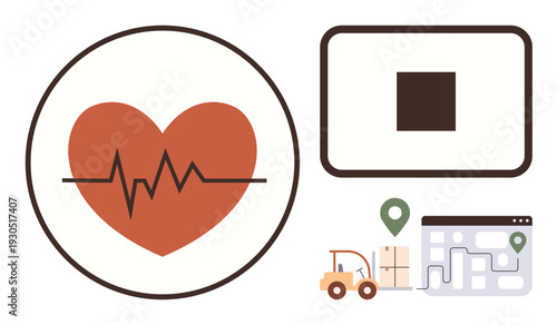 Supply chain, healthcare logistics, delivery services, tracking system, heartbeat monitoring, warehousing. Heartbeat symbol, delivery map and icons for shipping. Healthcare logistics and delivery
