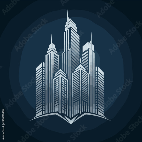 A stylized illustration of a modern city skyline with multiple tall skyscrapers against a dark blue background.