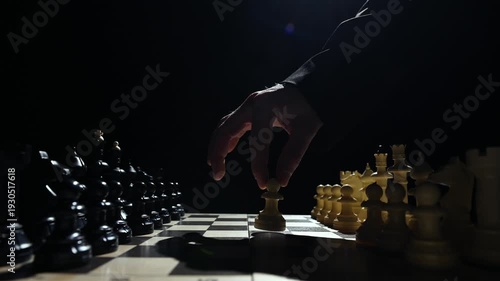 Chess pieces are facing each other on a black background. A close-up of a hand moving a black pawn