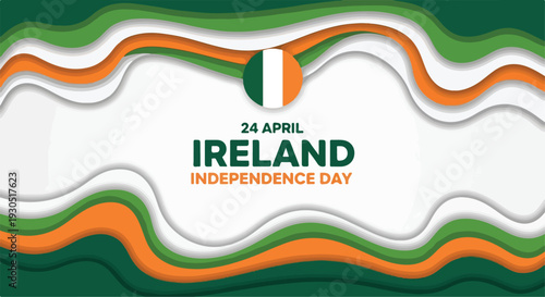 Ireland Independence Day Vector Background with Wavy Green Orange White Paper Cut Style