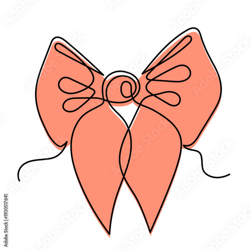 Bow knot one line art, hand-drawn ribbon butterfly gift continuous contour drawing. Decorative festive holiday minimalistic decoration, Christmas Birthday present. Editable stroke. Isolated. Vector 