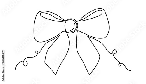 Bow knot one line art, hand-drawn ribbon butterfly gift continuous contour drawing. Decorative festive holiday minimalistic decoration, Christmas Birthday present. Editable stroke. Isolated. Vector 