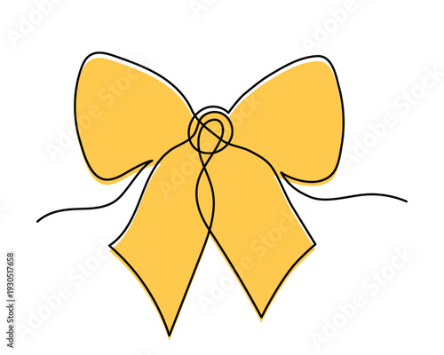 Bow knot one line art, hand-drawn ribbon butterfly gift continuous contour drawing. Decorative festive holiday minimalistic decoration, Christmas Birthday present. Editable stroke. Isolated. Vector 