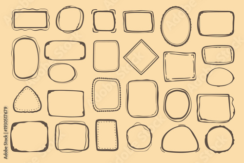 Coquette hand-drawn doodle frames set, colorful shapes cadre vintage modern whimsical edgings elements, elegant geometric trend stamps flirting girly style design. Isolated. Vector illustration