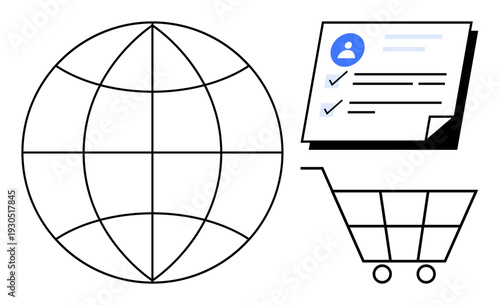 Globe symbolizing global reach, user profile with checklist for identity management, and a shopping cart representing e-commerce. Ideal for globalization, online identity, e-business, marketing