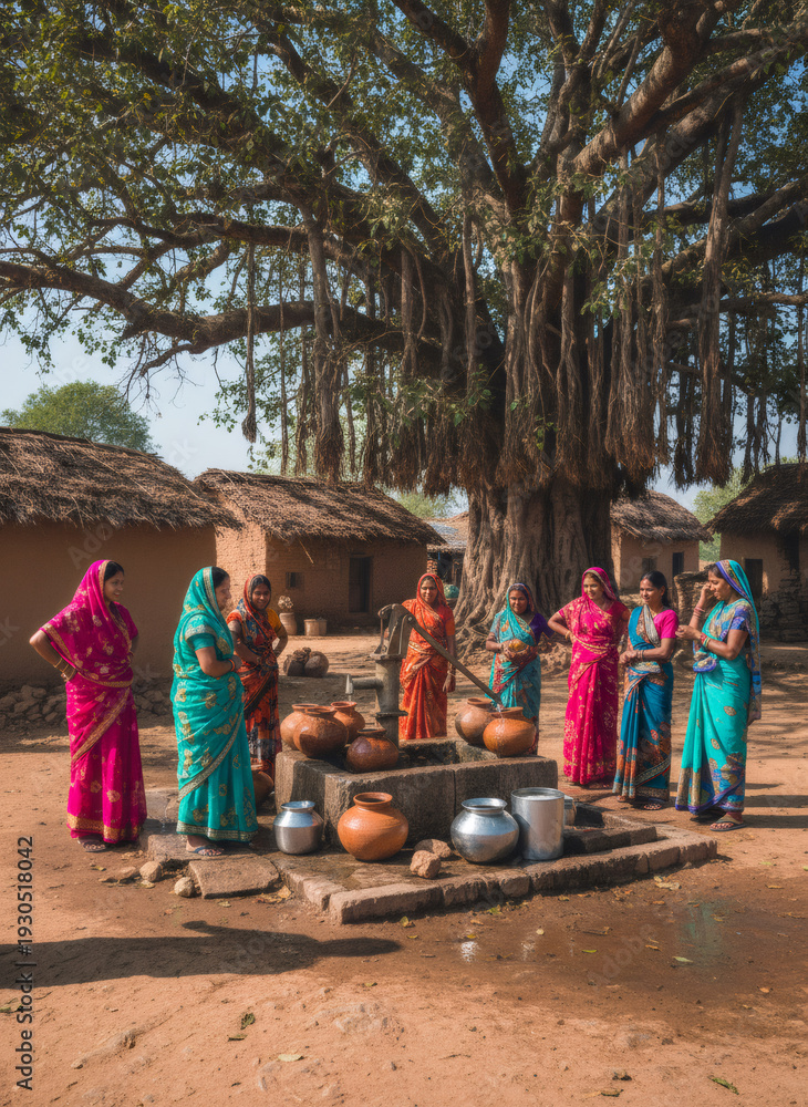 Obraz premium Seven women in colorful saris preparing to collect water from a village pump. Indian rural life and tradition concept for travel marketing.