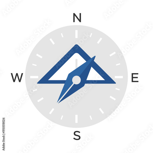 A compass with a stylized mountain peak and a pen nib pointing towards the northeast direction.